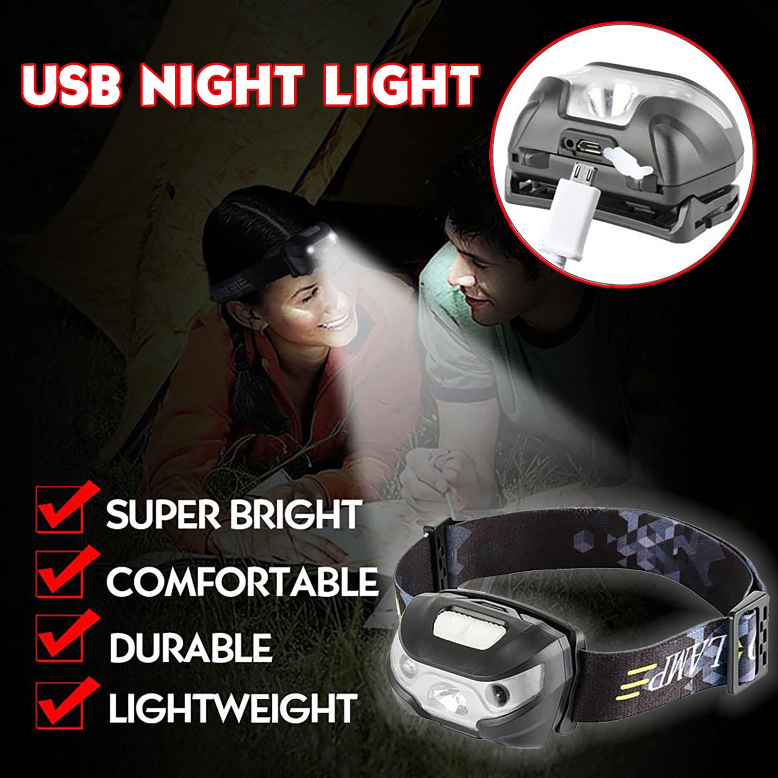 Waterproof Headlight Super Bright Head Torch LED USB Rechargeable Headlamp Fish